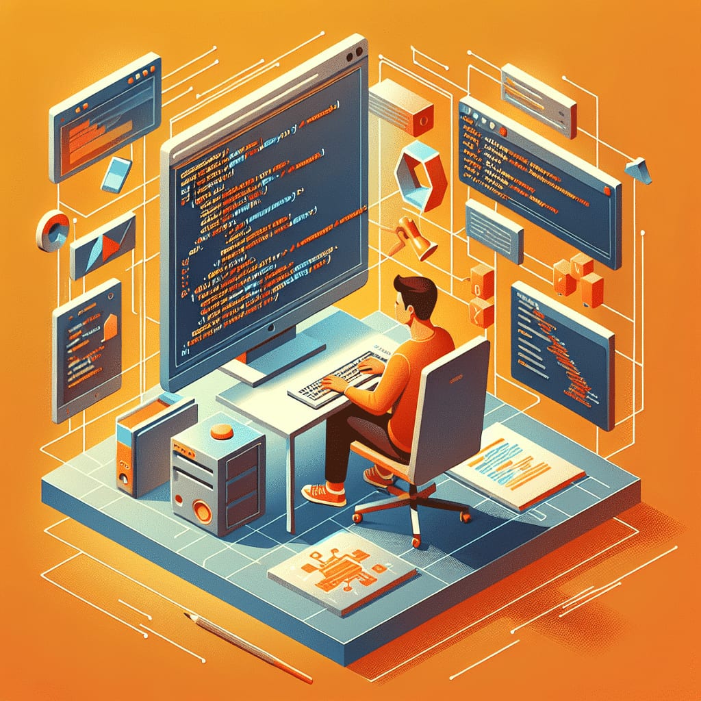 Isometric illustration of a developer at a desk facing a large monitor of code, ringed by smaller windows of markup