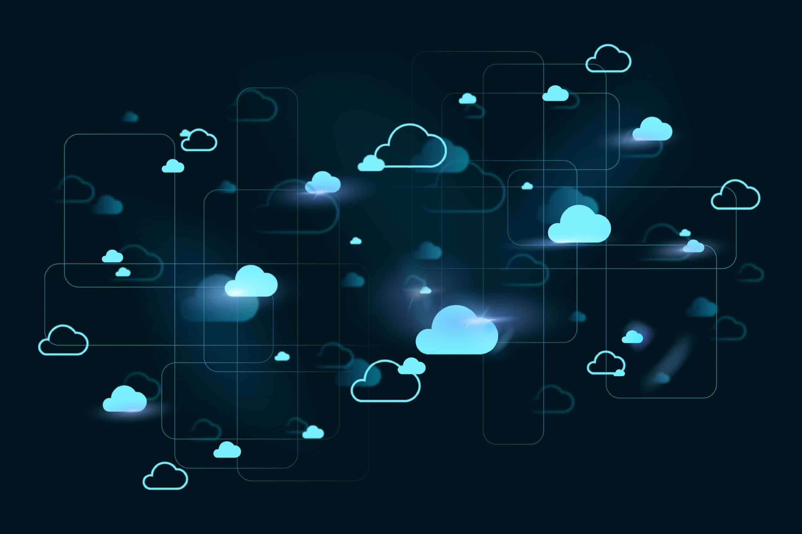Glowing cloud outlines connected by faint lines on a dark blue background