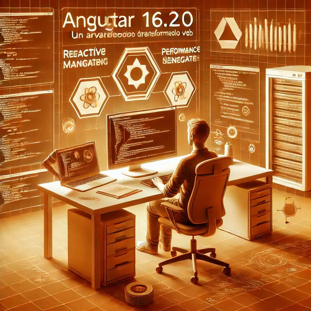 Il·lustració d’una persona desenvolupadora davant d’un monitor i un portàtil plens de codi, envoltada de plafons amb notes de versió
