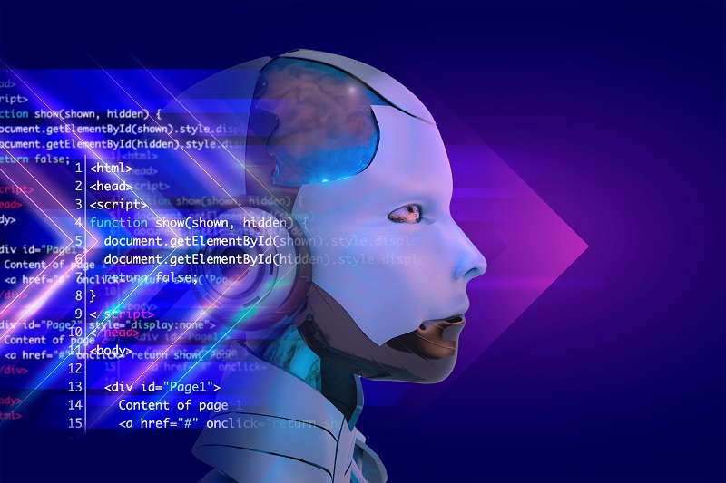 A humanoid robot head in profile beside a panel of HTML source code, on a purple background