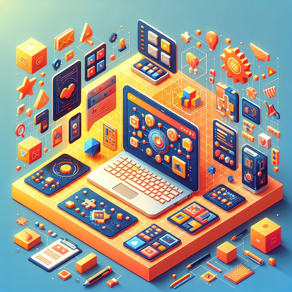 Isometric illustration of a laptop surrounded by floating media, messaging and settings panels
