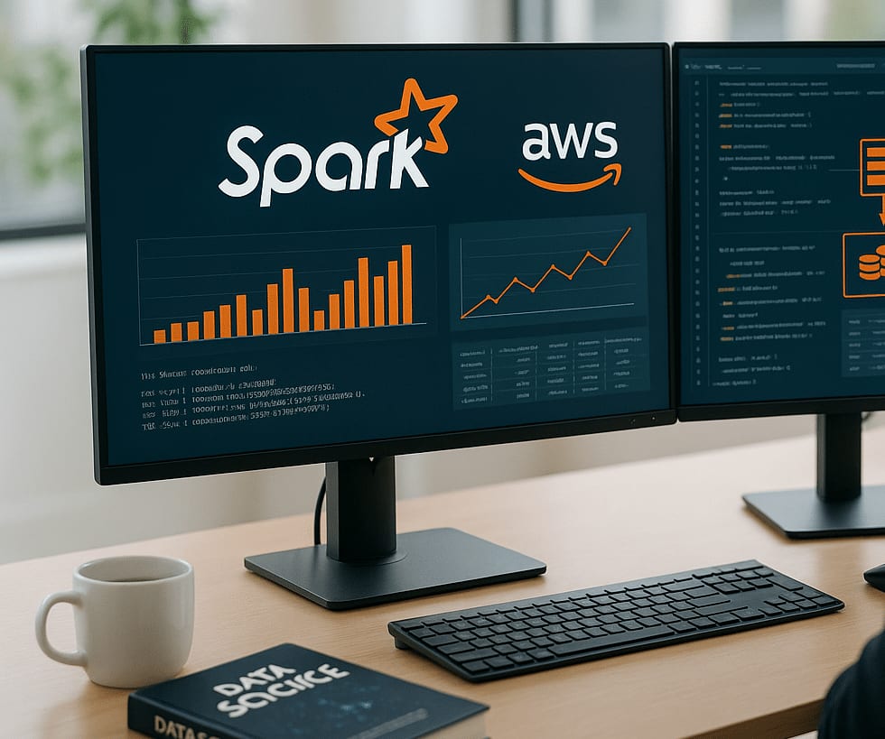Two desk monitors showing the Spark and AWS logos above bar and line charts, beside a code editor, with a mug and a data-science book on the desk