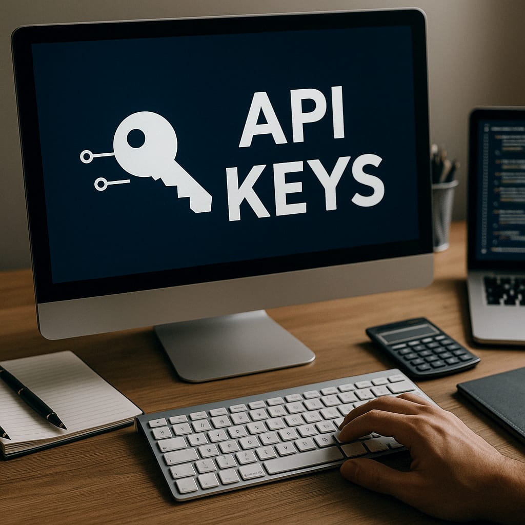 A desktop monitor on a wooden desk showing a key icon and the words “API keys”, with a hand resting on the keyboard