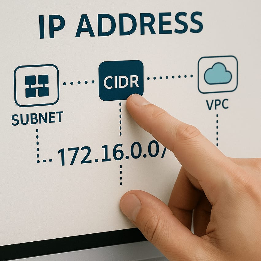 Un dedo señala una pantalla encabezada «IP address», que muestra subred, CIDR y VPC enlazados en fila sobre el rango 172.16.0.0