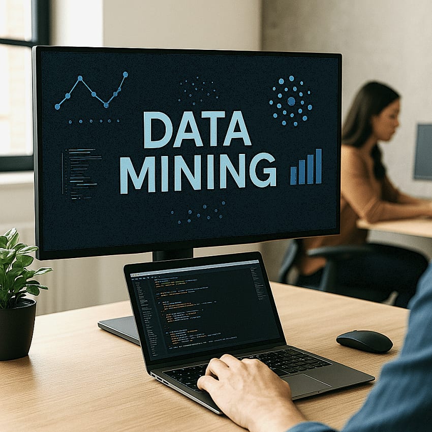 Un monitor con el texto «Data mining» rodeado de gráficos, sobre un portátil que muestra código, en una oficina donde trabaja otra persona al fondo