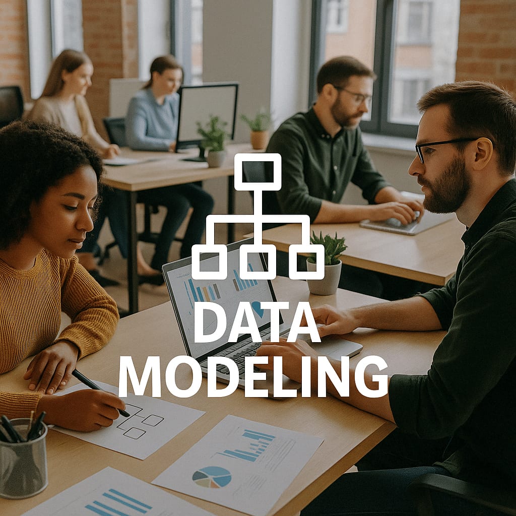 Dos compañeros revisan gráficos y un diagrama de esquema en un portátil en una oficina diáfana, con el rótulo «Data modeling»