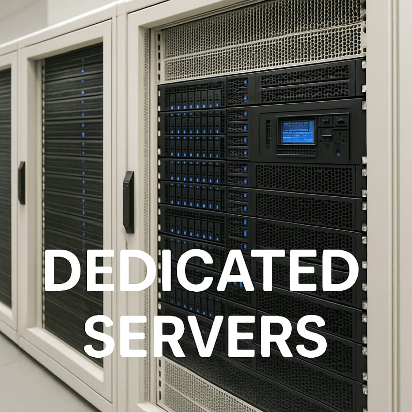 Photograph of server racks in a data centre, captioned “Dedicated servers”