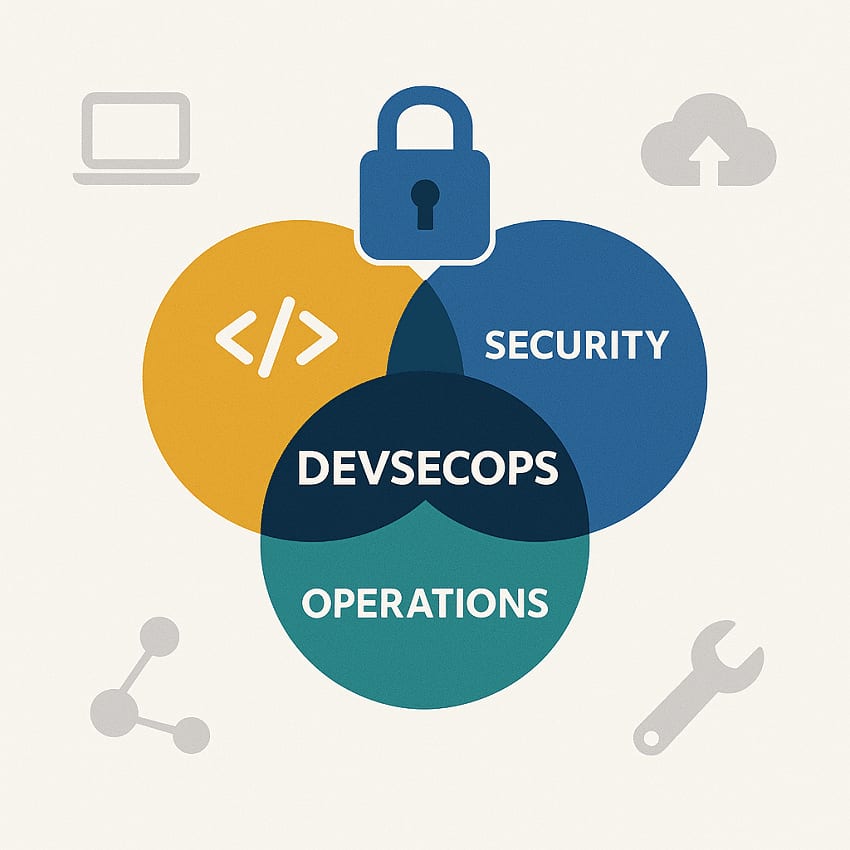 Venn diagram of three overlapping circles labelled code, security and operations, meeting at “DevSecOps”, under a padlock