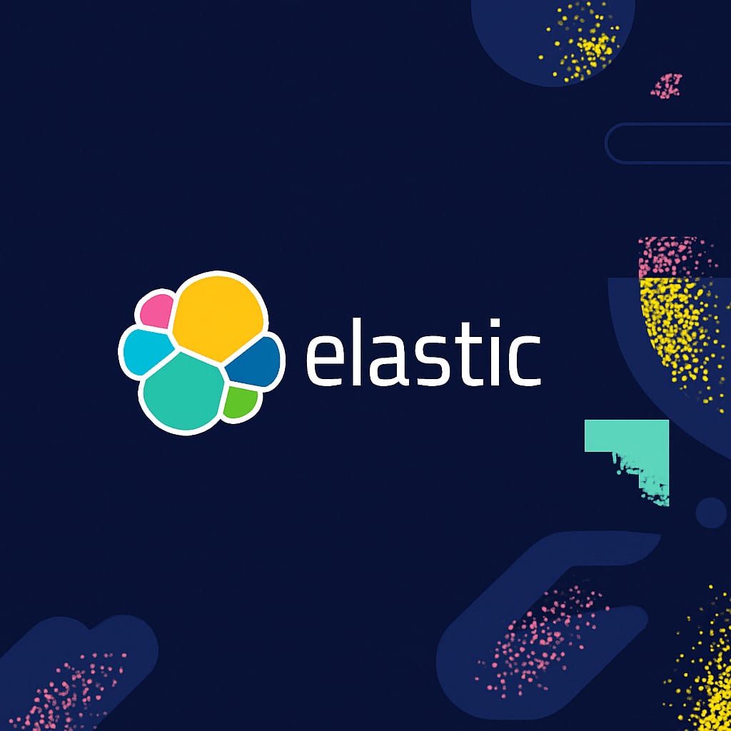 El logotipo y la marca de Elastic sobre un fondo azul oscuro salpicado de confeti