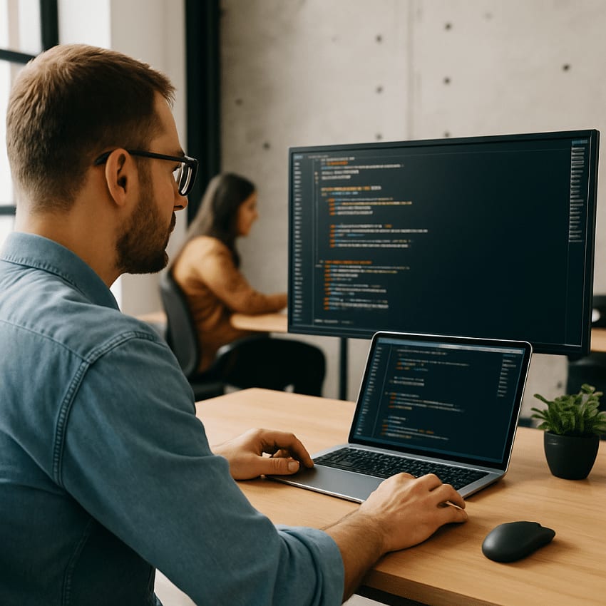 Two developers working at a monitor and laptop full of code in a bright open-plan office