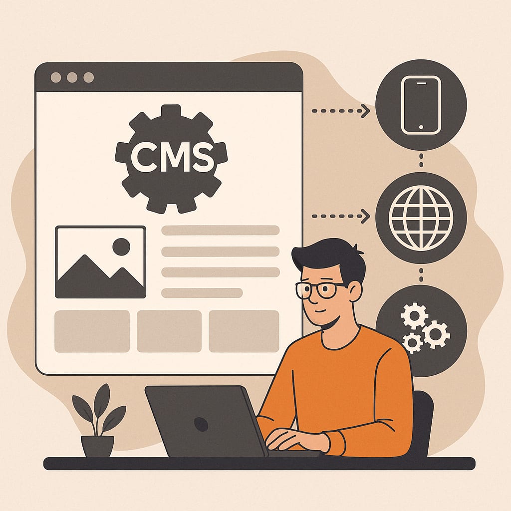 Ilustración de una persona ante un portátil frente a una ventana de navegador marcada «CMS», con flechas hacia iconos de teléfono, web y ajustes