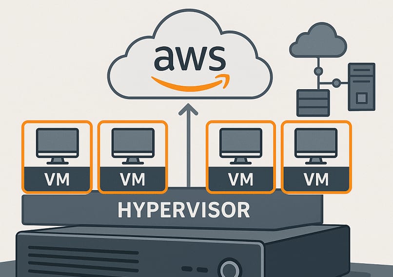 Diagrama de cuatro máquinas virtuales sobre una capa de hipervisor encima de un servidor físico, con una flecha ascendente hacia una nube de AWS