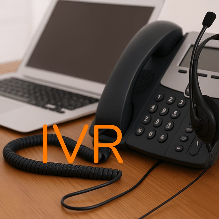A desk phone with a headset resting on it beside a laptop, captioned “IVR”