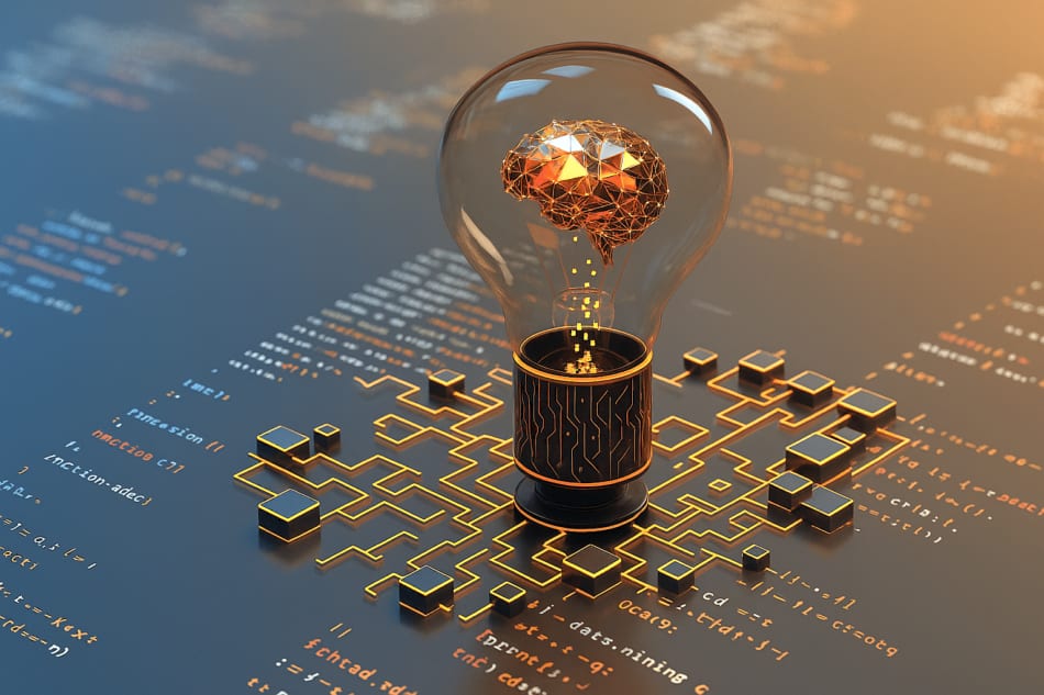 A lightbulb containing a glowing wireframe brain, standing on a circuit pattern over a page of code