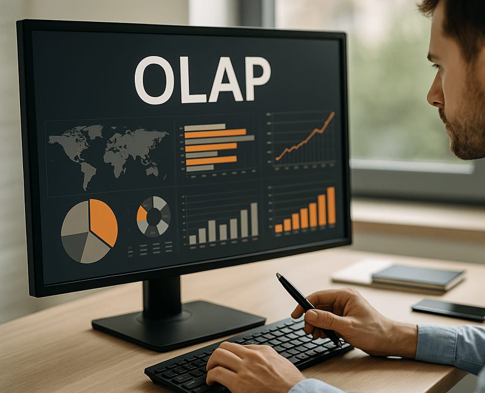 Un hombre ante un monitor lleno de un cuadro de mando analítico con gráficos de sectores, de barras y de líneas, encabezado «OLAP»