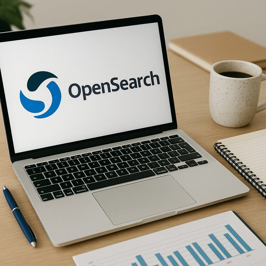 A laptop on a desk showing the OpenSearch logo and wordmark, beside a coffee cup, a notebook and a printed bar chart