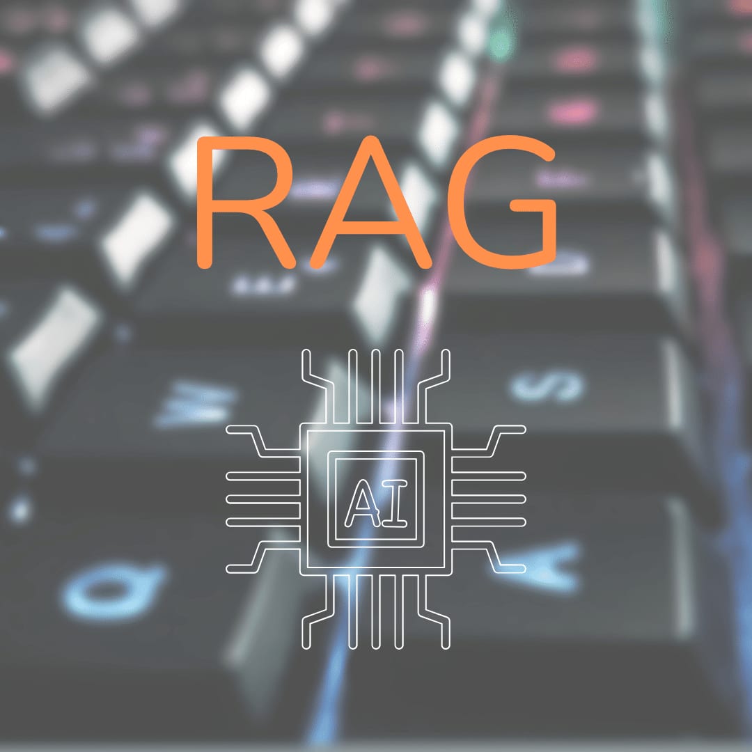 A backlit keyboard behind the letters “RAG” and an outlined processor chip marked “AI”