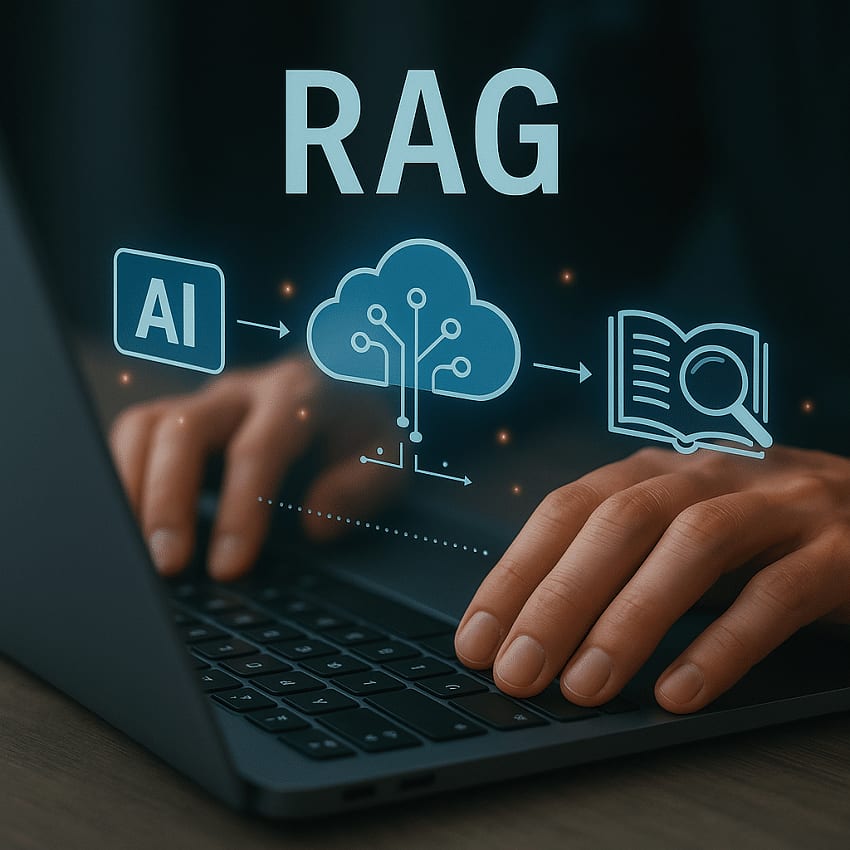 Unas manos teclean en un portátil con un flujo superpuesto que va de una ficha «AI» a un libro abierto pasando por una nube, encabezado «RAG»