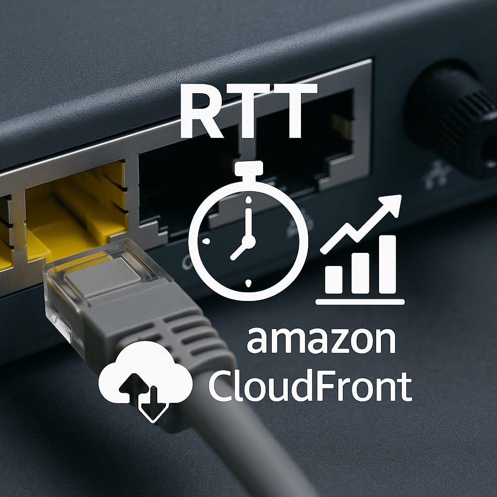 Cable ethernet conectado a un switch, con un cronómetro, un gráfico al alza y las palabras «RTT» y «Amazon CloudFront» superpuestos
