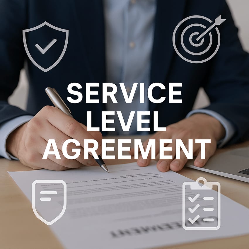 Una persona con traje firma un contrato impreso, con el texto «Service level agreement» e iconos de escudo, diana y lista de comprobación superpuestos