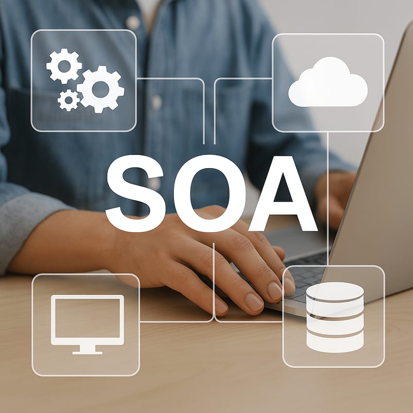 A person typing on a laptop with the letters “SOA” and linked icons for gears, cloud, monitor and database overlaid