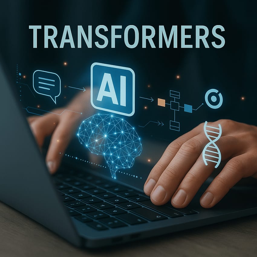 Hands typing on a laptop with a glowing wireframe brain, an “AI” chip icon and a flow diagram above the keyboard, captioned “Transformers”