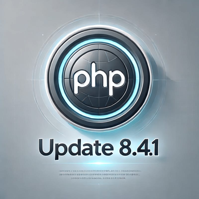 El logotipo de PHP sobre un disco metálico encima de las palabras «Update 8.4.1»