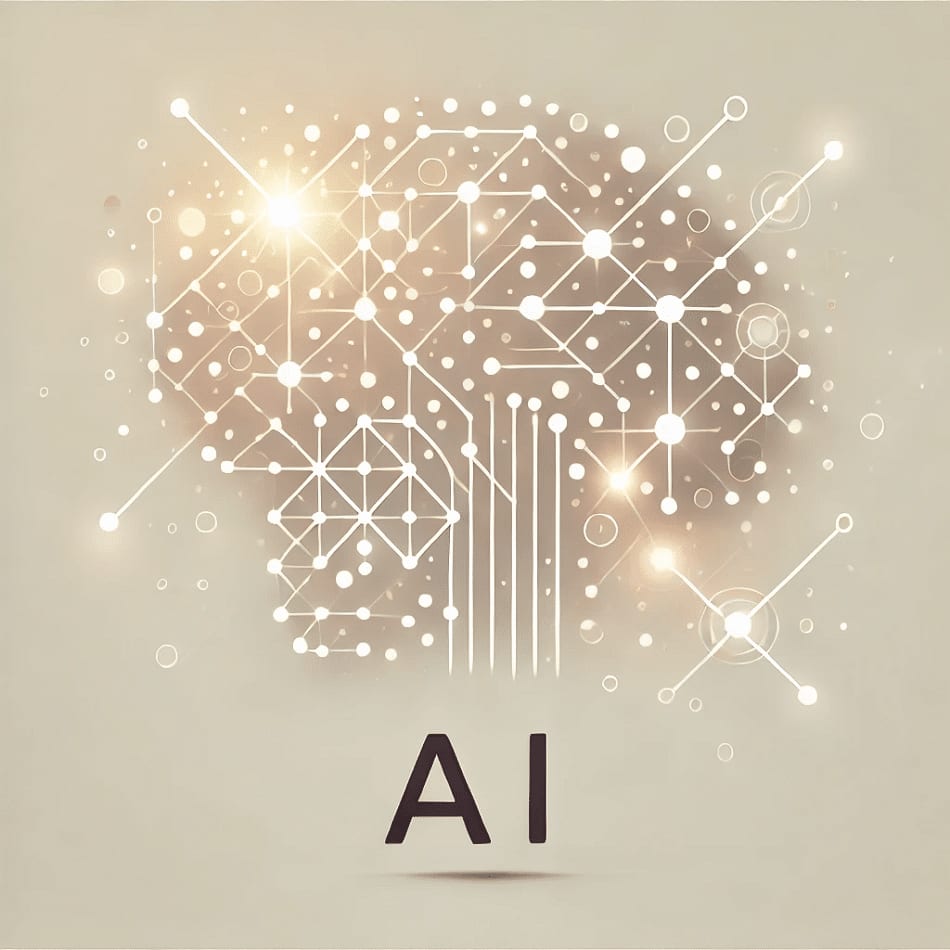 A brain drawn as a constellation of glowing nodes and connections, with the letters “AI” beneath it