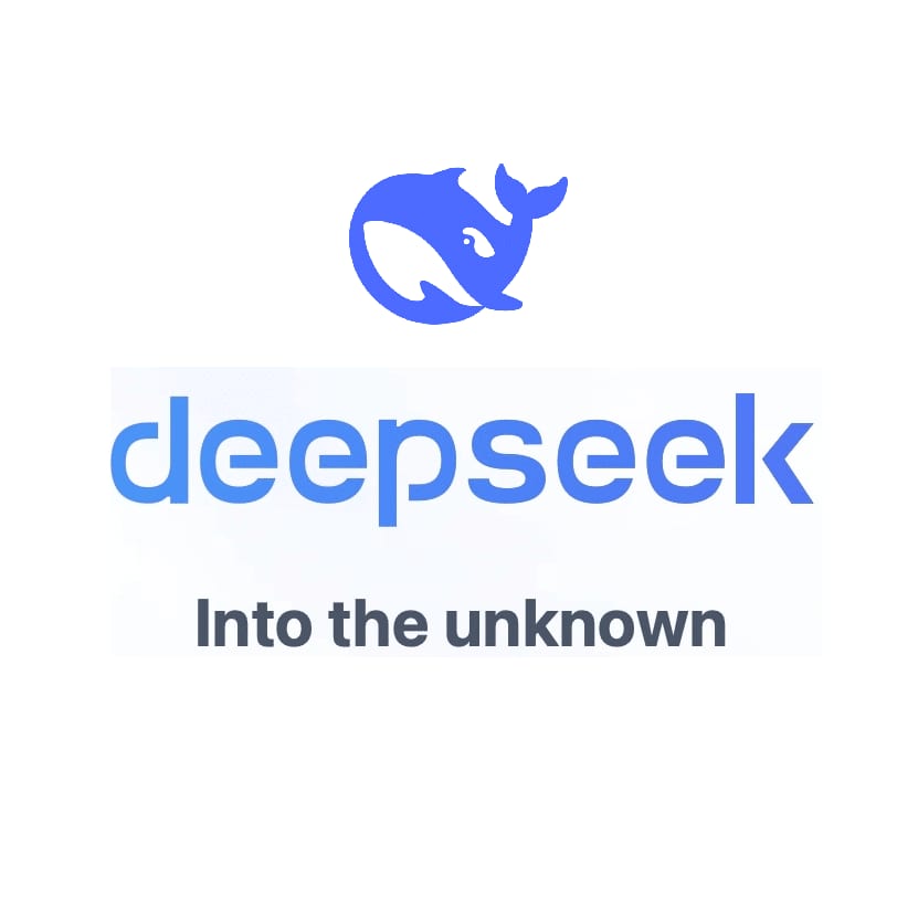 El logotipo de la ballena de DeepSeek y su marca denominativa sobre el lema «Into the unknown»
