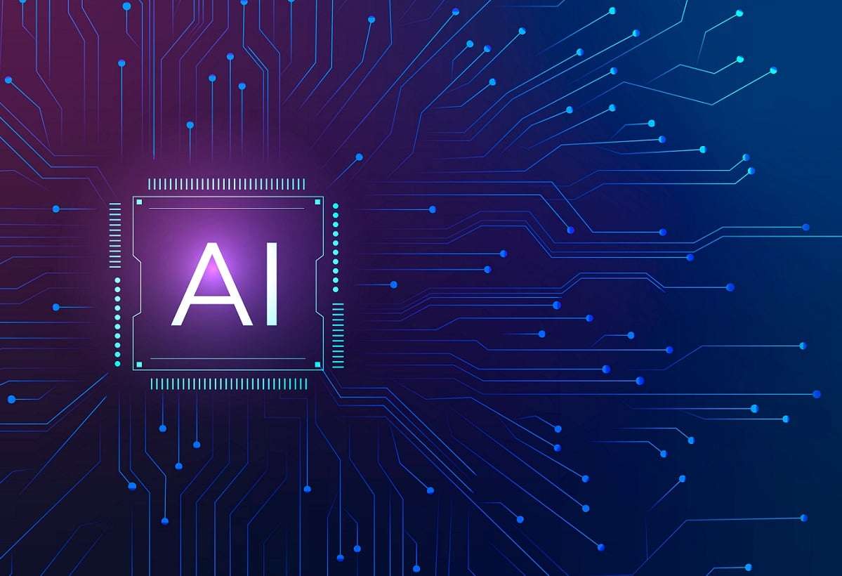 Un chip procesador rotulado «AI» en el centro de una placa de circuito, sobre un degradado morado y azul