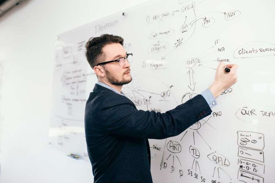 saas development company planning scalable software architecture on a whiteboard