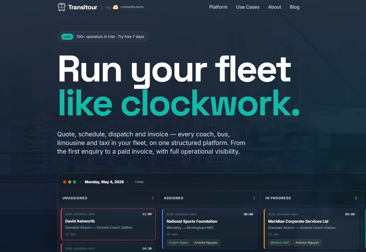 saas with ai case study showing Transitour platform developed by Unimedia for transport companies