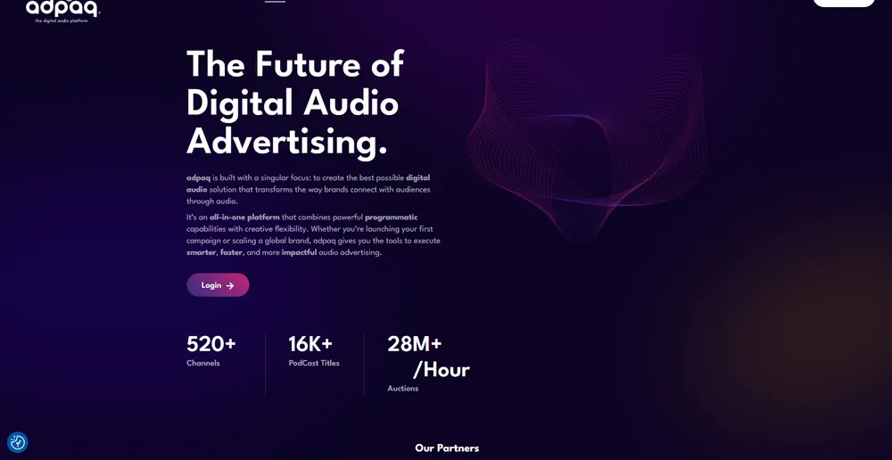 The adpaq homepage, headlined The Future of Digital Audio Advertising, with its channel and podcast inventory figures
