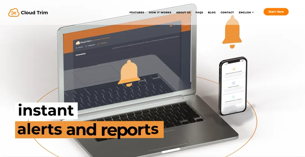 The Cloud Trim homepage, headlined instant alerts and reports, showing the product on laptop and phone