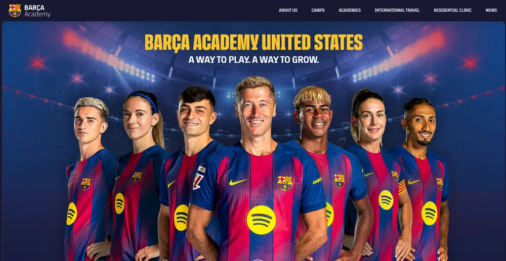 The Barça Academy United States homepage, with camps, academies, international travel and residential clinic in its navigation