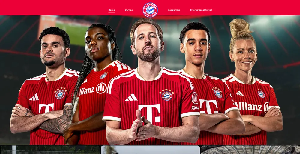 The FC Bayern München youth programmes homepage, with camps, academies and international travel in its navigation